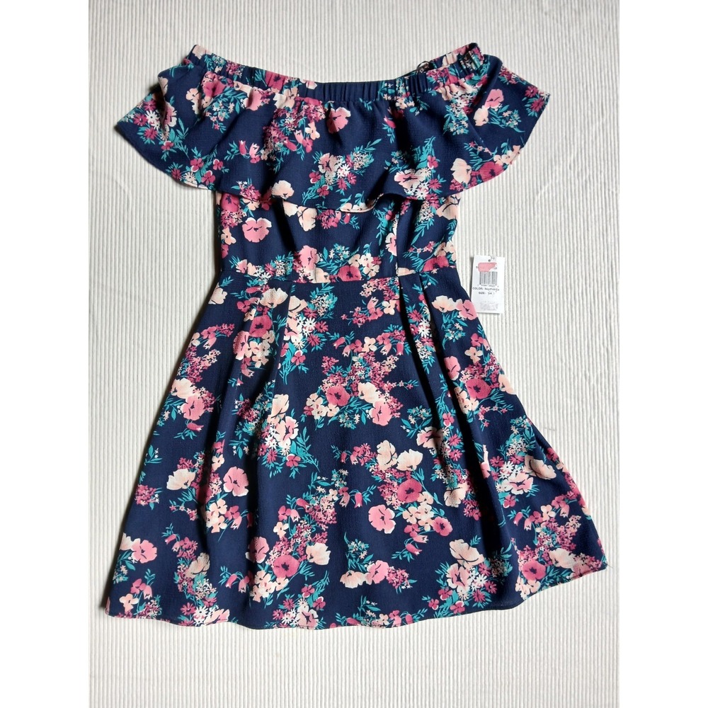 B. Darlin Navy Pink Floral Off Shoulder Ruffle Mini Dress 3/4 NWT